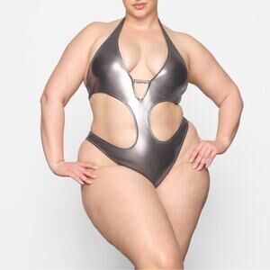 Skims Stretch Metallic Swim Halter Monokini One-Piece Swimsuit Carbon 2X NWT